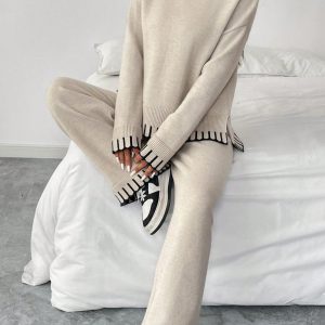 2pcs Women Casual Decorative Jacquard Loose Crew Neck Sweater And Pants Set, Autumn/Winter