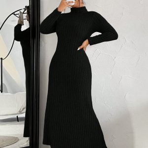 Plus Size Women High Neck Plain Long Sleeve Knitted Casual Dress, Autumn
