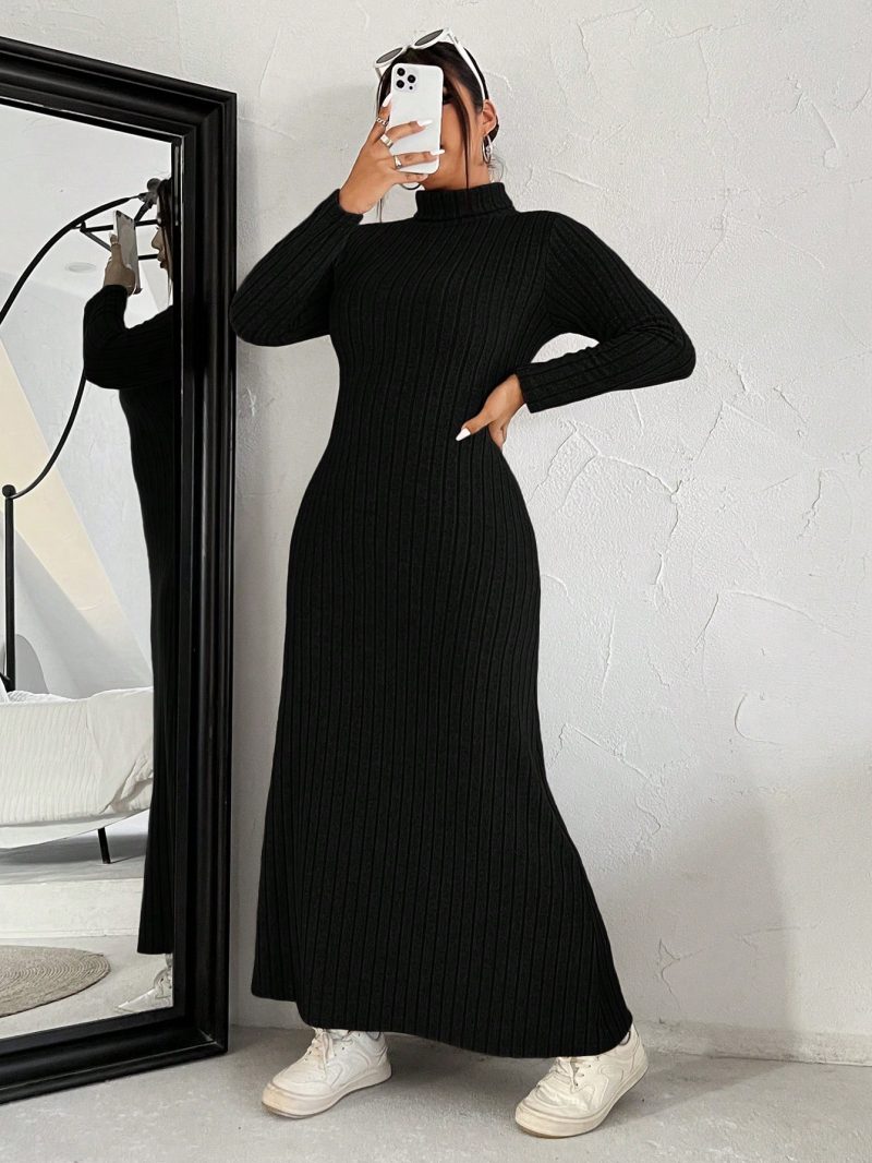 Plus Size Women High Neck Plain Long Sleeve Knitted Casual Dress, Autumn