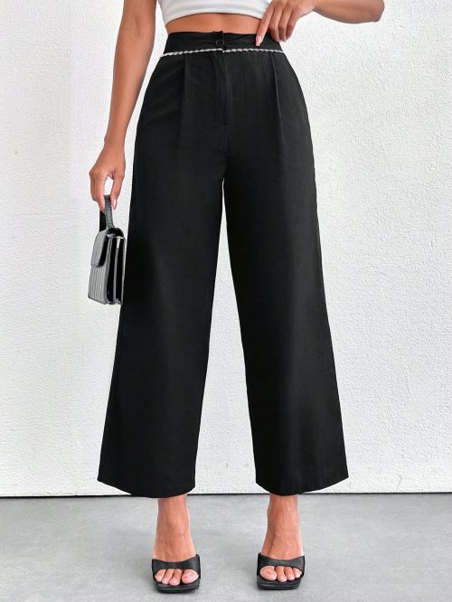 Women Pearl Belt Pleated Pants