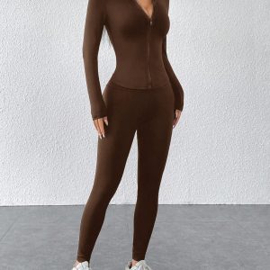 Black Two Piece Set Sportswear Zip Up Jacket & Leggings