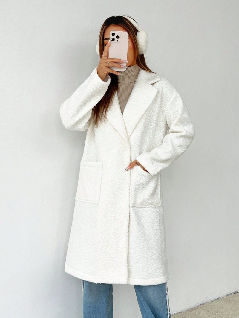 Women's Regular Fit Long Sleeve Lapel Neck Drop Shoulder Double Pocket Overcoat