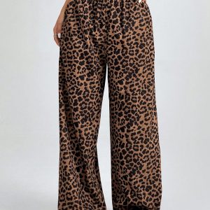 Women Elastic Waist Wide-Leg Leopard Print Loose Pants