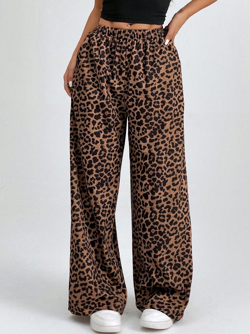 Women Elastic Waist Wide-Leg Leopard Print Loose Pants