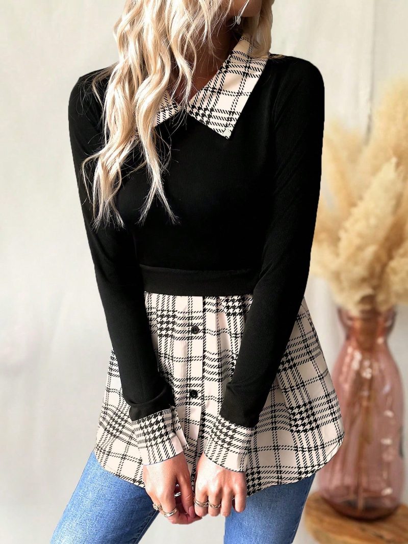 Retro American Casual Commuter Color Block Plaid Shirt Collar Blouse