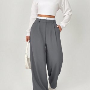 Spring Dress PantsHigh Waist Plicated Detail Wide Leg Suit Pants