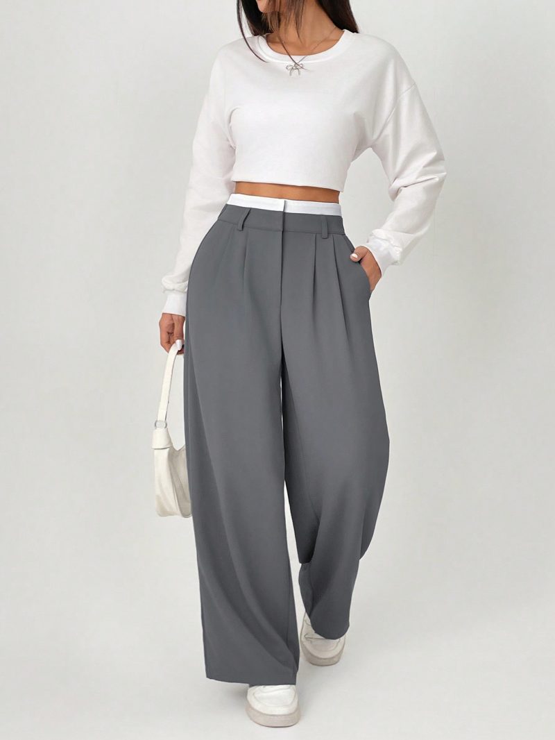 Spring Dress PantsHigh Waist Plicated Detail Wide Leg Suit Pants