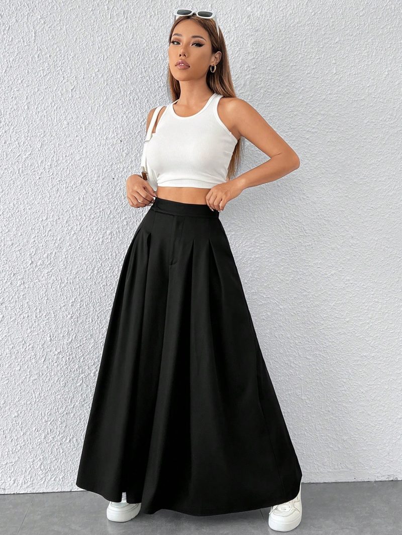 Solid Fold Pleated Wide Leg Pants