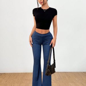 Denim Print Slim-Fitting Sexy Butt-Lifting Flared Pants With Gathered Back Waist