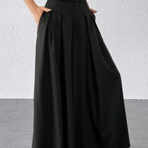 Solid Fold Pleated Wide Leg Pants