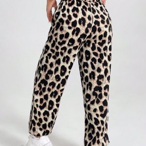 Women's Vintage Leopard Print Elastic Waistband Pants With Ruffled Cuffs For Summer Casual, Holiday