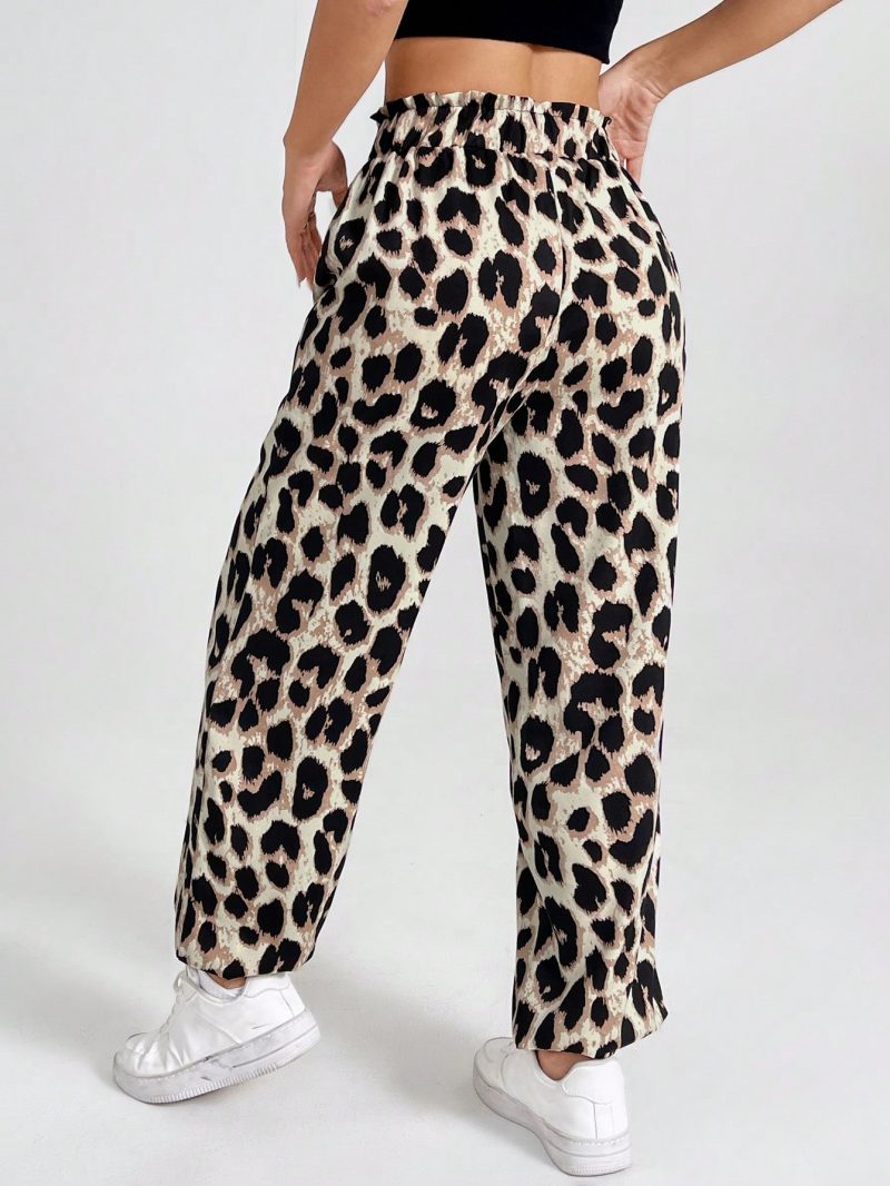 Women's Vintage Leopard Print Elastic Waistband Pants With Ruffled Cuffs For Summer Casual, Holiday