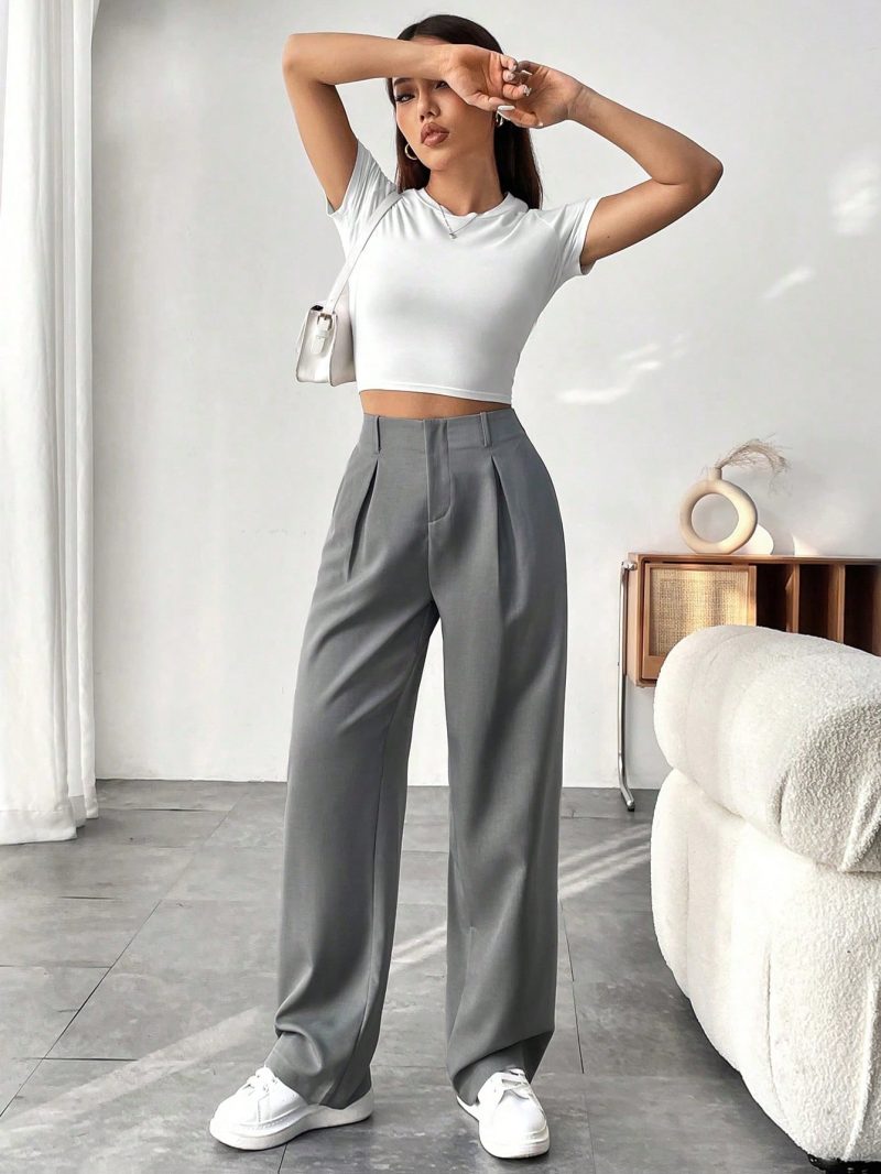 Women Solid Color Pocket Elegant Straight Leg Pants For Commuting