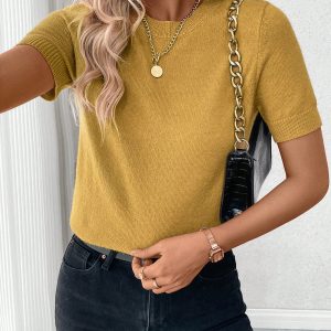 2024 New European & American Autumn/Winter Trendy Simple Design Round Neck Short Sleeve Knit Top