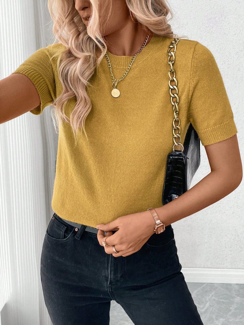 2024 New European & American Autumn/Winter Trendy Simple Design Round Neck Short Sleeve Knit Top