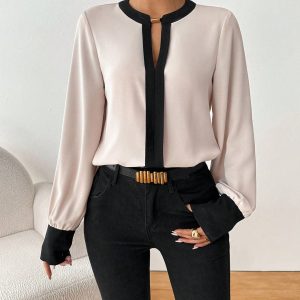 Women Metal Ring Contrast Color Long Sleeve Loose Casual Shirt