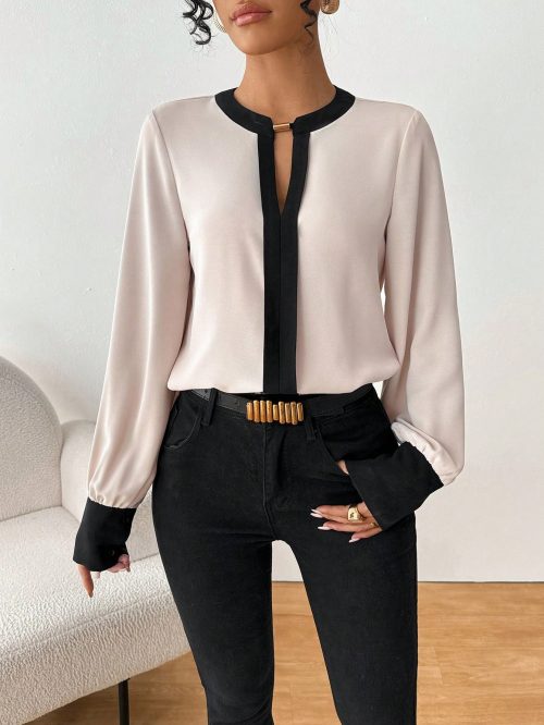 Women Metal Ring Contrast Color Long Sleeve Loose Casual Shirt