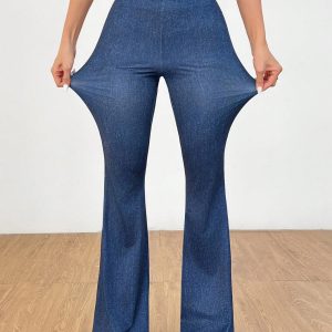 Denim Print Slim-Fitting Sexy Butt-Lifting Flared Pants With Gathered Back Waist