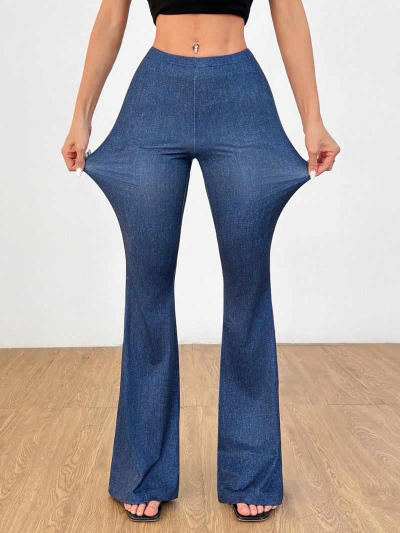 Denim Print Slim-Fitting Sexy Butt-Lifting Flared Pants With Gathered Back Waist
