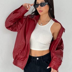 Drop Shoulder Zip Up Black PU Jacket