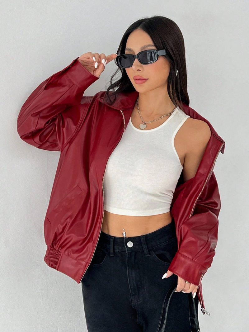 Drop Shoulder Zip Up Black PU Jacket