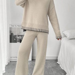 2pcs Women Casual Decorative Jacquard Loose Crew Neck Sweater And Pants Set, Autumn/Winter