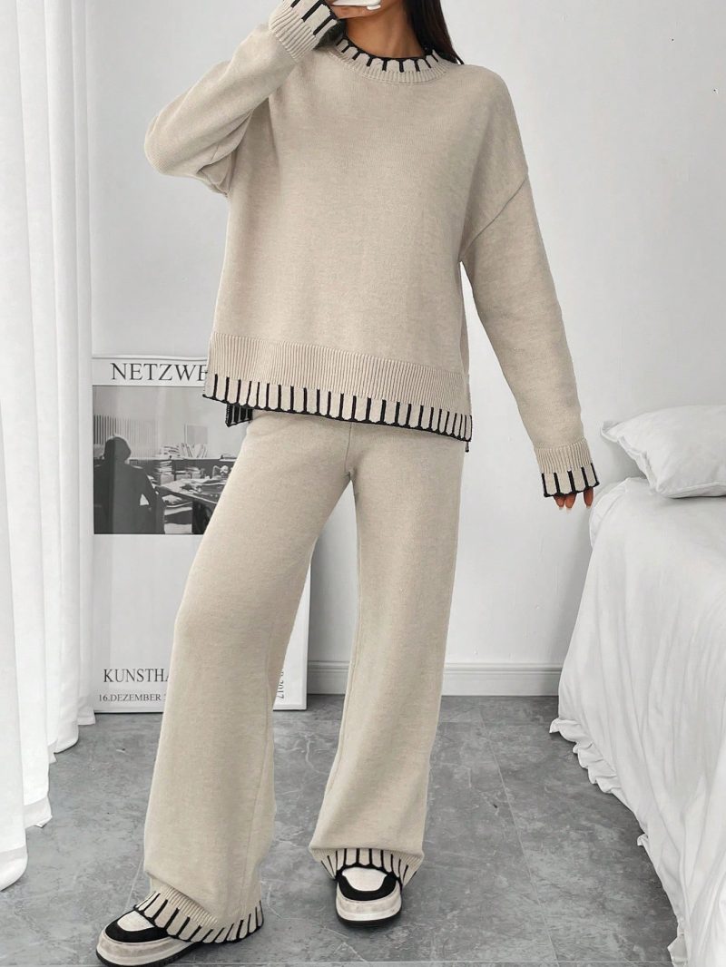 2pcs Women Casual Decorative Jacquard Loose Crew Neck Sweater And Pants Set, Autumn/Winter