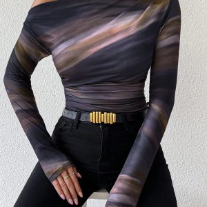 Tie Dye Print Asymmetric Ruched Long Sleeve Women T-Shirt