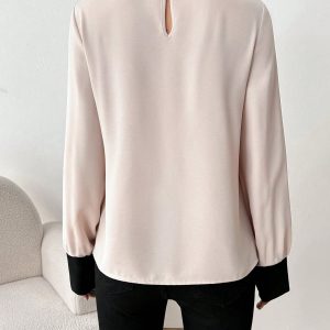 Women Metal Ring Contrast Color Long Sleeve Loose Casual Shirt