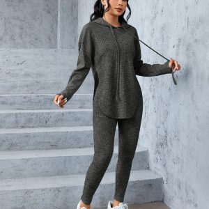 Marled Knit Drop Shoulder Split Hem Drawstring Hoodie & Leggings