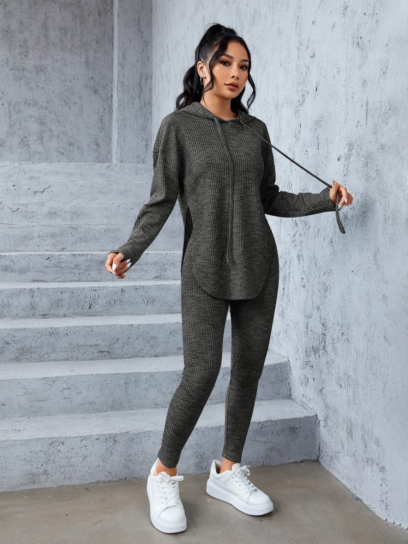 Marled Knit Drop Shoulder Split Hem Drawstring Hoodie & Leggings