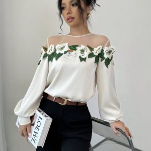 Women's Elegant Mesh Patchwork Embroidered Lace Long Sleeve Blouse