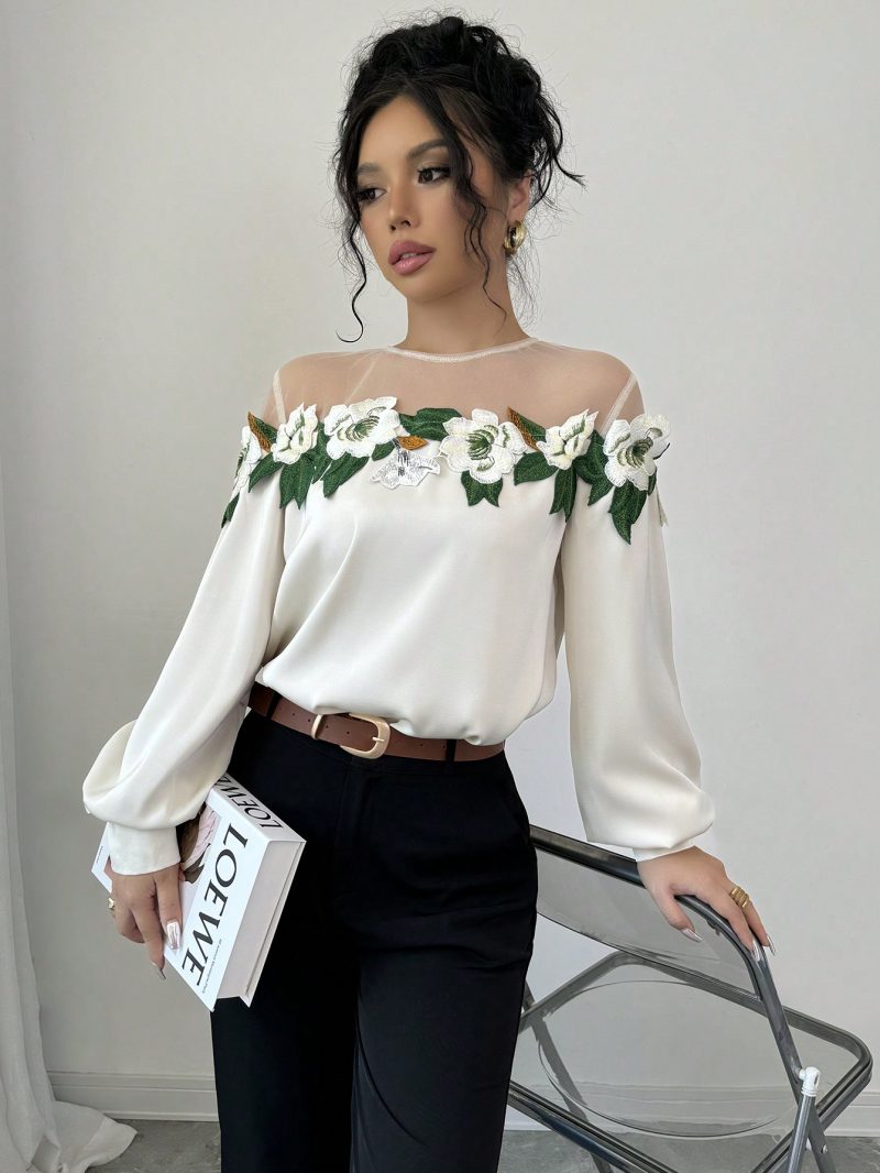 Women's Elegant Mesh Patchwork Embroidered Lace Long Sleeve Blouse