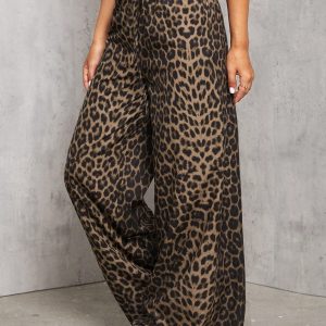 Casual Street Leopard Print Loose Straight Wide Leg Trousers , Palazzo Pants