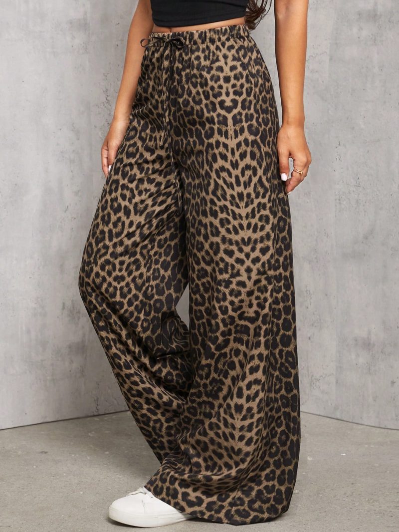 Casual Street Leopard Print Loose Straight Wide Leg Trousers , Palazzo Pants
