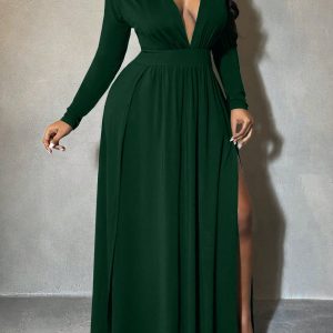 Plus Size Women's Plunging Deep-V Neck High Split Shoulder Pad Swing Dress
