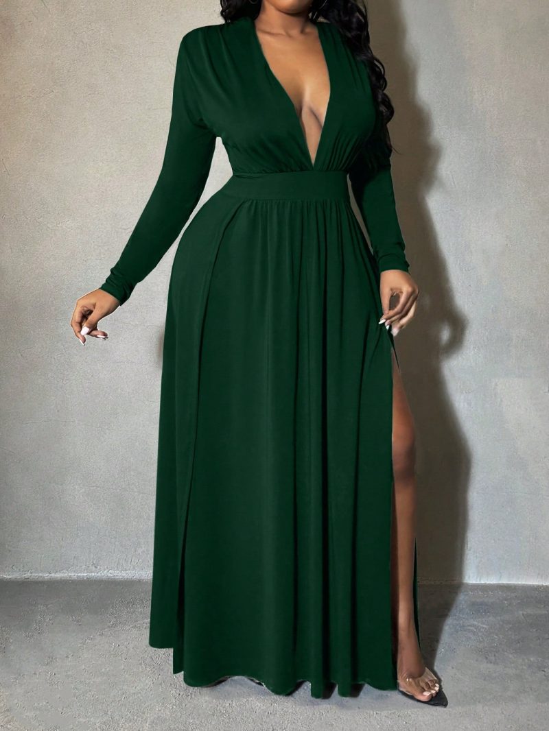 Plus Size Women's Plunging Deep-V Neck High Split Shoulder Pad Swing Dress