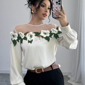 Women's Elegant Mesh Patchwork Embroidered Lace Long Sleeve Blouse
