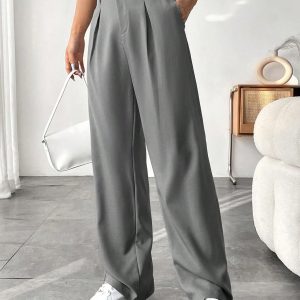 Women Solid Color Pocket Elegant Straight Leg Pants For Commuting