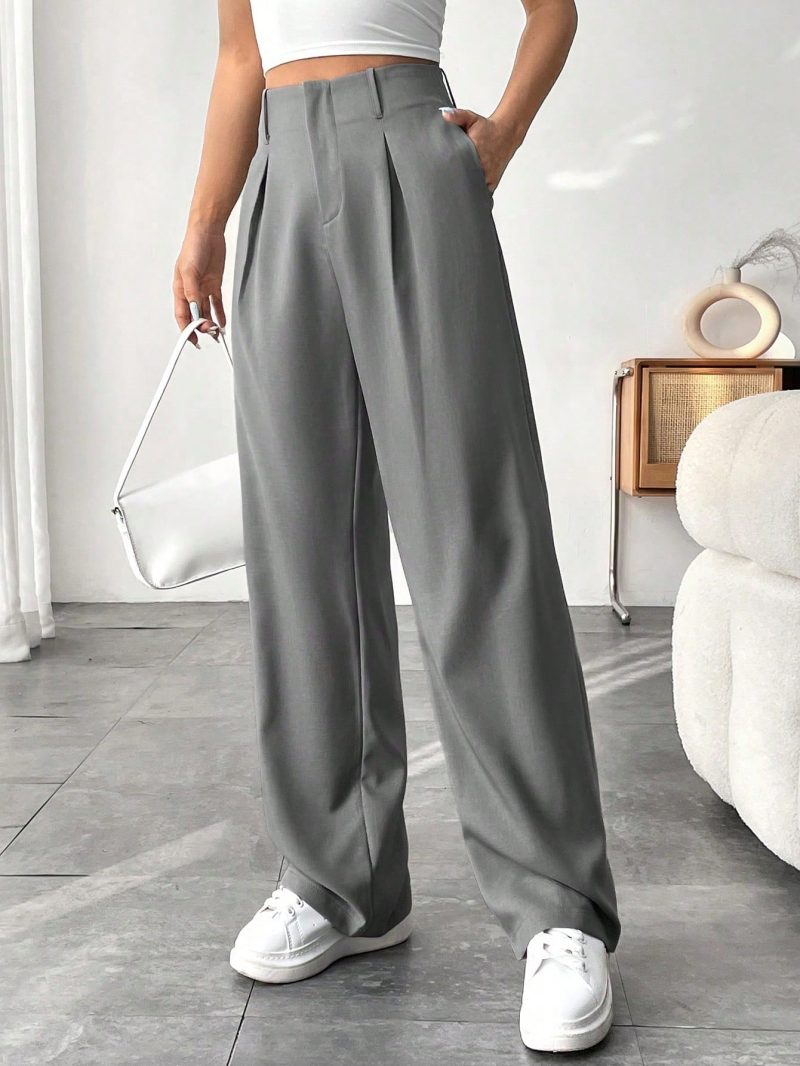 Women Solid Color Pocket Elegant Straight Leg Pants For Commuting