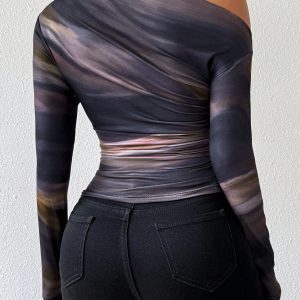 Tie Dye Print Asymmetric Ruched Long Sleeve Women T-Shirt