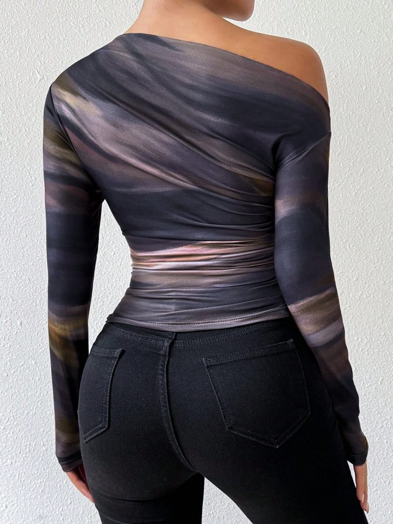 Tie Dye Print Asymmetric Ruched Long Sleeve Women T-Shirt