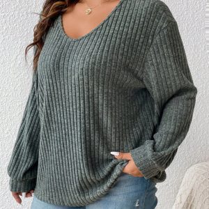 Plus Size Women Casual Solid Ribbed V-Neck Loose T-Shirt