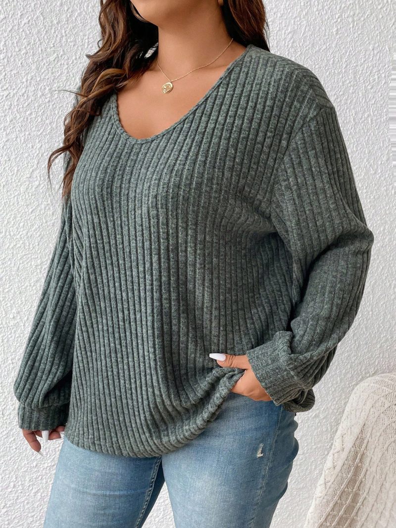 Plus Size Women Casual Solid Ribbed V-Neck Loose T-Shirt