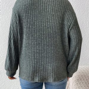 Plus Size Women Casual Solid Ribbed V-Neck Loose T-Shirt