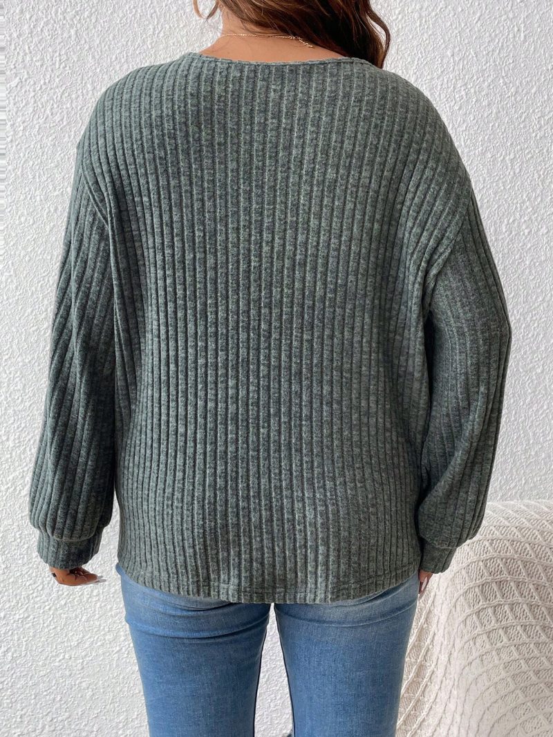 Plus Size Women Casual Solid Ribbed V-Neck Loose T-Shirt