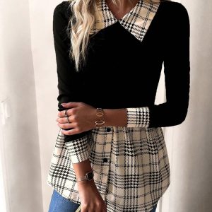 Retro American Casual Commuter Color Block Plaid Shirt Collar Blouse