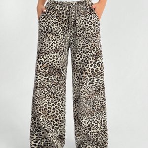 Women's Casual Leopard Print Woven Loose Wide Leg Pants