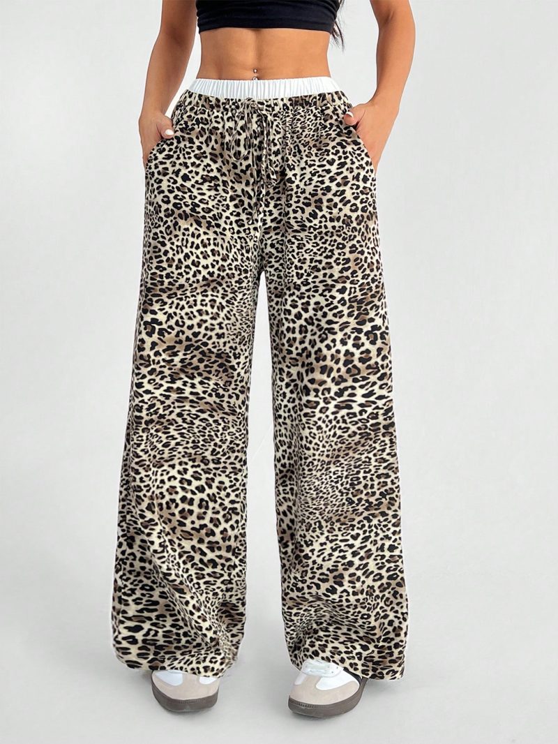 Women's Casual Leopard Print Woven Loose Wide Leg Pants