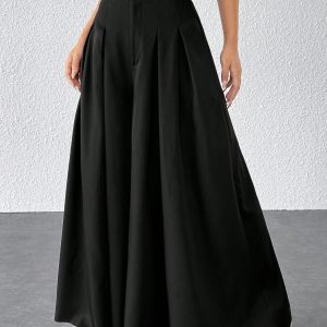Solid Fold Pleated Wide Leg Pants